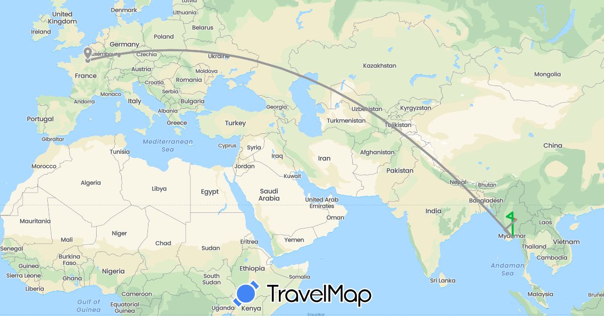 TravelMap itinerary: driving, bus, plane, hiking in France, Myanmar (Burma) (Asia, Europe)
